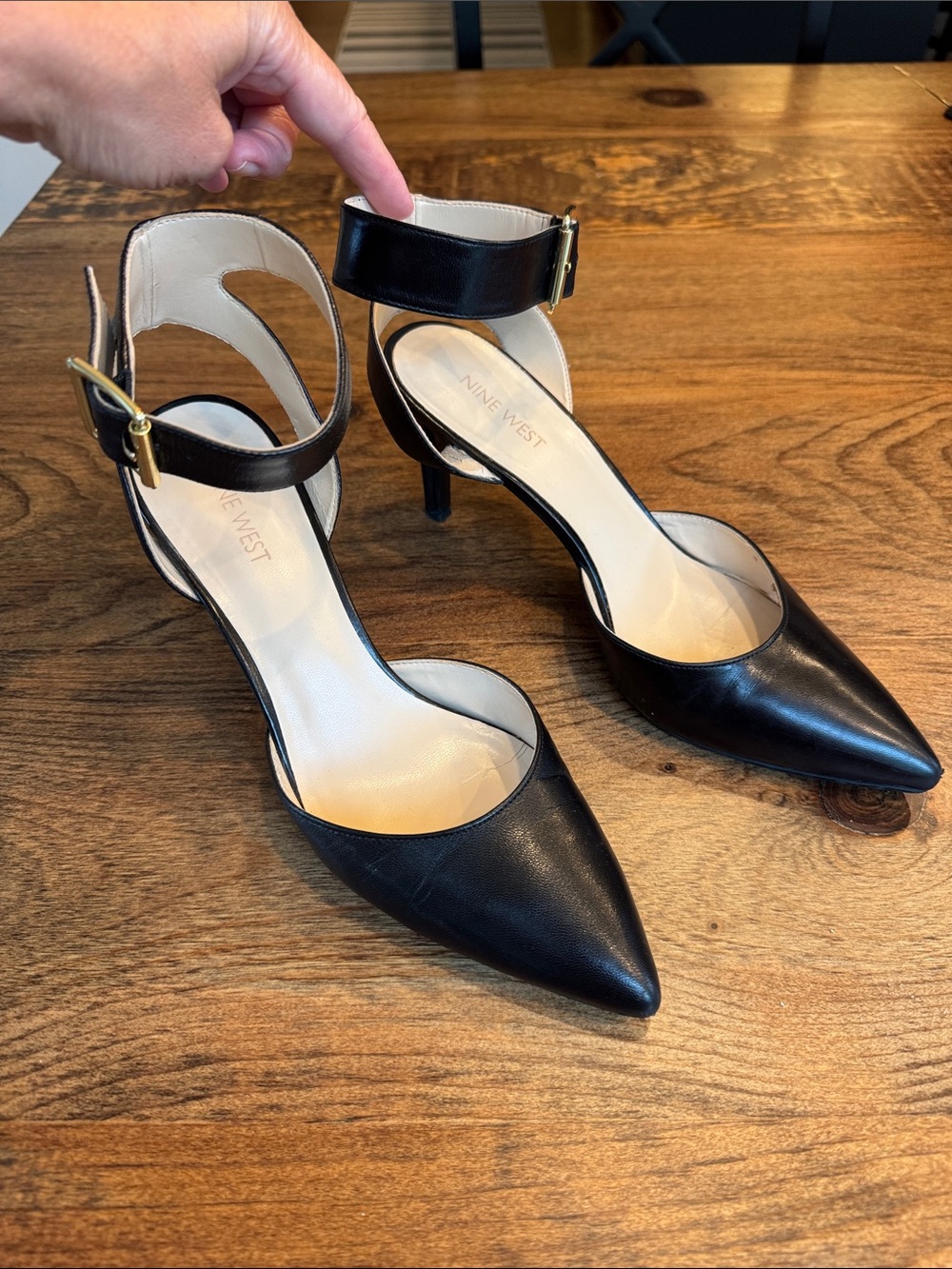 Nine West Black Pointed-Toe Ankle-Strap Heels with Gold Buckles
